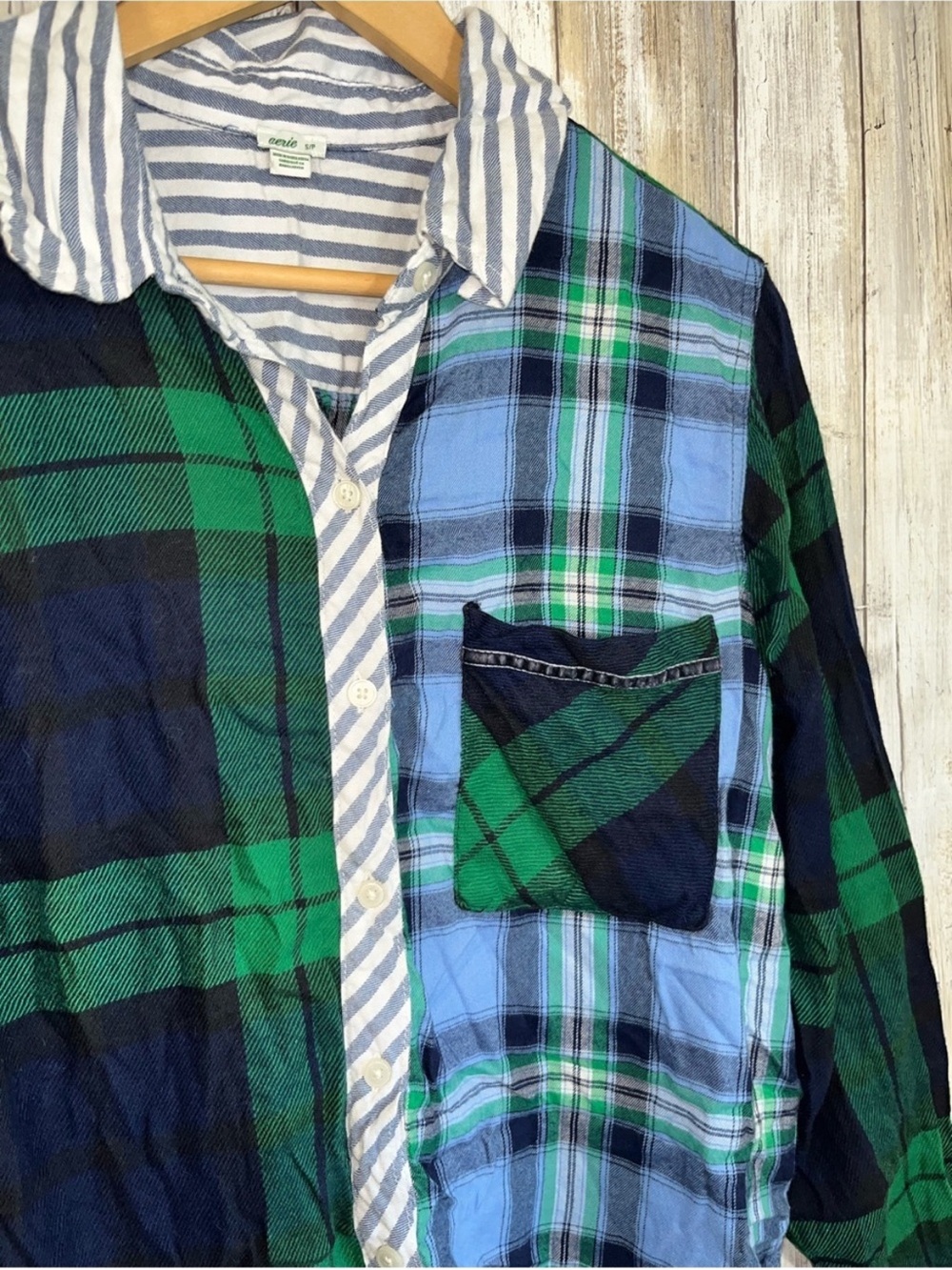Aerie Patchwork Plaid Button Down Shirt Small Blue Green Mixed Print Oversized T - Picture 4 of 6